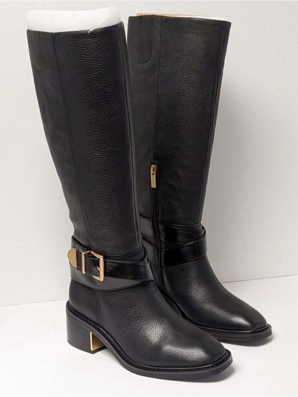 Vince Camuto GigiWomen's Black Leather Knee-High Riding Boots with Gold Hardware